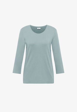 Długi rękaw, okrągły dekolt w jasnoniebieskim kolorze z organicznej bawełny, o gładkiej fakturze, bez wzorów i ozdób. Podstawowy i uniwersalny wzór.