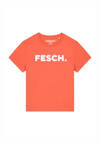 Koraalkleurig katoen T-shirt met korte mouwen, een ronde halslijn en opvallende witte tekst "FESCH." op de voorkant.