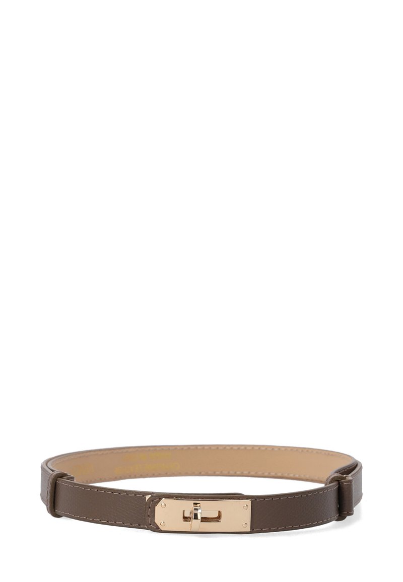 Brown leather belt with a smooth texture, featuring a gold-tone rectangular buckle and stitching detailing along the edges.