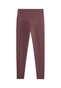 Magas derékú, testhezálló leggings tompa szilva színben, V-alakú varrási részlet a derékrészen.