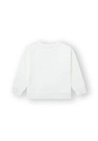 Sudadera blanca, de manga larga, con cuello redondeado, textura suave, puños y dobladillo acanalados, diseño liso, sin patrones ni acentos.