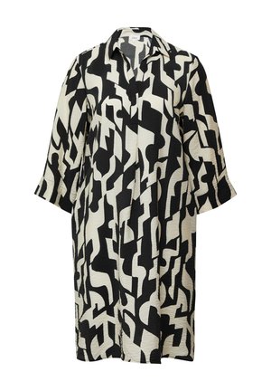 Haljina košulja s crno-bijelim uzorkom, ovratnikom, rukavima do tri četvrtine i širokim krojem. Teksturirani materijal s apstraktnim oblicima.