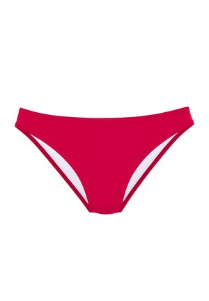 Red bikini bottom with a simple design and white lining on the inner sides, isolated on a white background.