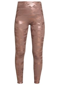 Leggings de camuflaje bronce con una cintura alta, fabricados en un material brillante que presenta un patrón sutil, diseñados para la comodidad y la flexibilidad.