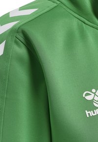 Grøn atletisk hoodie med glat tekstur, hvidt logo og chevronmønster på ærmerne. Designet til komfort og ydeevne.