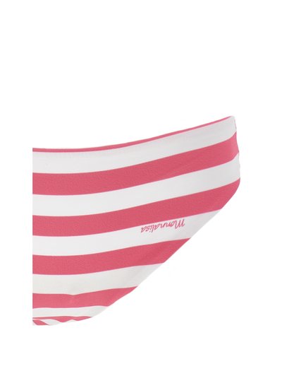 Gestreifte Bikinislip aus pinkem und weißem Stoff, mit einer glatten Textur und einem pinken Logo an der Seite. Klassisches Schnittdesign.