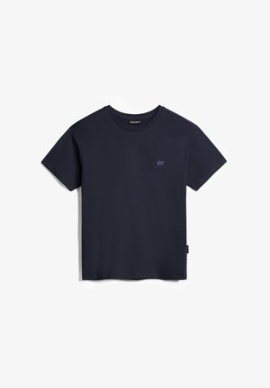 Navy blue cotton t-shirt featuring a crew neckline, short sleeves, and a small brand logo on the left chest. Soft, smooth texture.