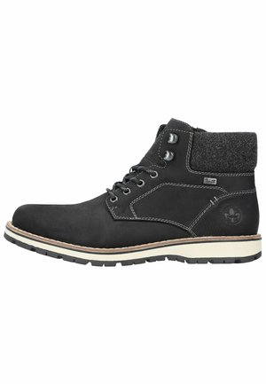 Black leather ankle boots with gray textile collar, lace-up design, reinforced eyelets, and textured outsole. White midsole accents.