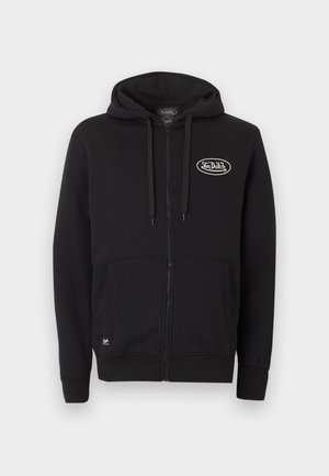 Schwarzer Kapuzenpullover mit Reißverschluss, Fronttaschen, Kordelzugkapuze und weißem "Von Dutch"-Logo auf der linken Brust.