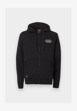 Hanorac negru cu fermoar, buzunare frontale, glugă cu șnur și logo alb „Von Dutch” pe pieptul stâng.