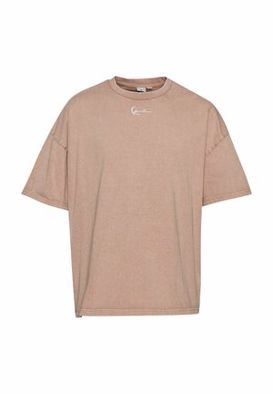 Relaxed-fit brown cotton t-shirt with short sleeves, crew neckline, and subtle white logo detail at the chest. Soft, smooth texture.