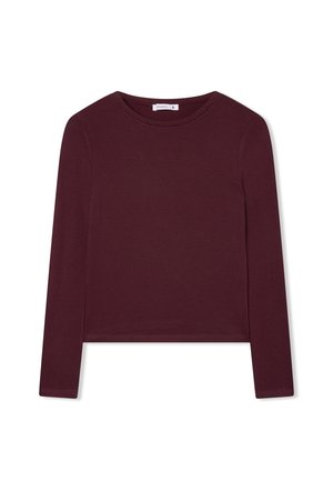 Bordowy długi rękaw top wykonany z miękkiego materiału, z okrągłym dekoltem i krótką długością, z wyraźnymi szwami i bez dodatkowych wzorów czy akcentów.