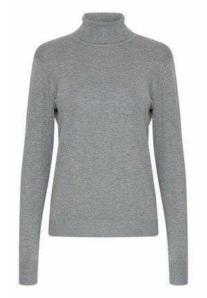 Pelēks augstais kakls džemperis, kas izgatavots no adīta auduma, ar garām piedurknēm, ribotu apkakli un aprocēm, kā arī pieguļošu siluetu. Gluda tekstūra.