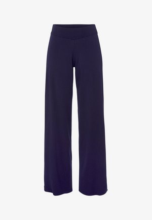 Pantalones de pierna ancha en color navy con una cinturilla alta acanalada. Elaborados en una tela suave y elástica. Presentan costuras limpias y un acabado suave.
