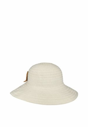 Beige wide-brimmed sun hat with woven texture and small tan bow on the side.