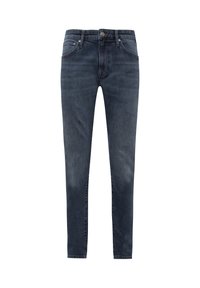 Dark blue slim-fit denim jeans with five pockets and button closure, displayed against a white background.