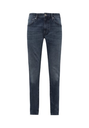 Dark blue slim-fit denim jeans with five pockets and button closure, displayed against a white background.