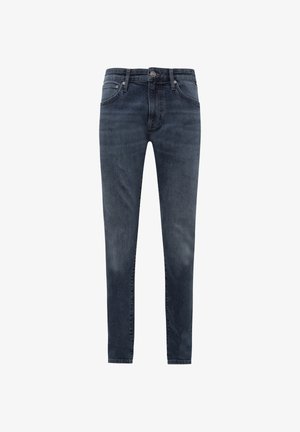 Dunkelblaue Slim-Fit-Jeans aus Denim mit fünf Taschen und Knopfverschluss, vor einem weißen Hintergrund präsentiert.