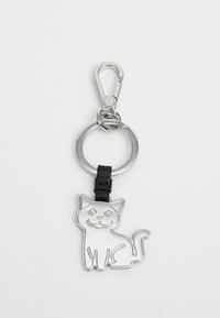 Silver cat-shaped metal keychain with black leather loop, featuring a simple outline design, attached to a circular keyring.