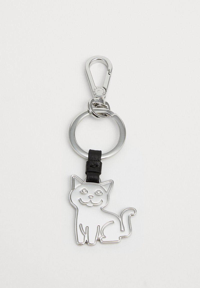 Silver cat-shaped metal keychain with black leather loop, featuring a simple outline design, attached to a circular keyring.