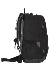 Zwarte rugzak met een gestructureerd ontwerp, voorzien van meerdere gevoerde vakken met rits, ademend padding en verstelbare banden voor comfort.