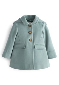 Manteau en laine turquoise clair avec un col, quatre boutons en bois, deux poches avant, et une coupe mi-longue aux manches structurées.