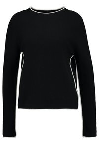 Svart tröja med långa ärmar, rund halsringning och vit kontrastsöm längs kanterna och sömmarna. Texturerad stickad tyg.