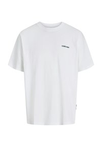 White cotton t-shirt with short sleeves, crew neck, and 'CORE dept.' text in dark green on the upper left side. Smooth texture.