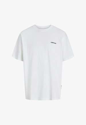 Weißes Baumwoll-T-Shirt mit kurzen Ärmeln, Rundhalsausschnitt und dem Text 'CORE dept.' in dunkelgrün auf der oberen linken Seite. Glatte Textur.