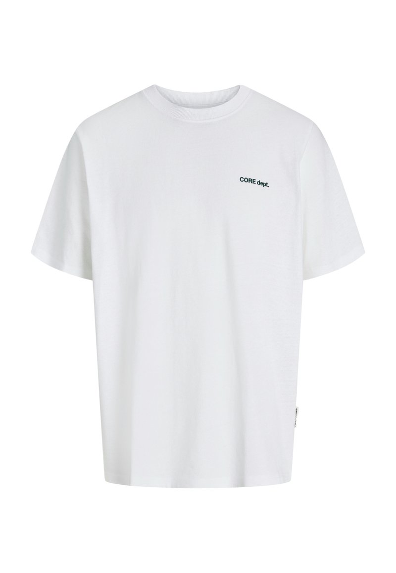 White cotton t-shirt with short sleeves, crew neck, and 'CORE dept.' text in dark green on the upper left side. Smooth texture.