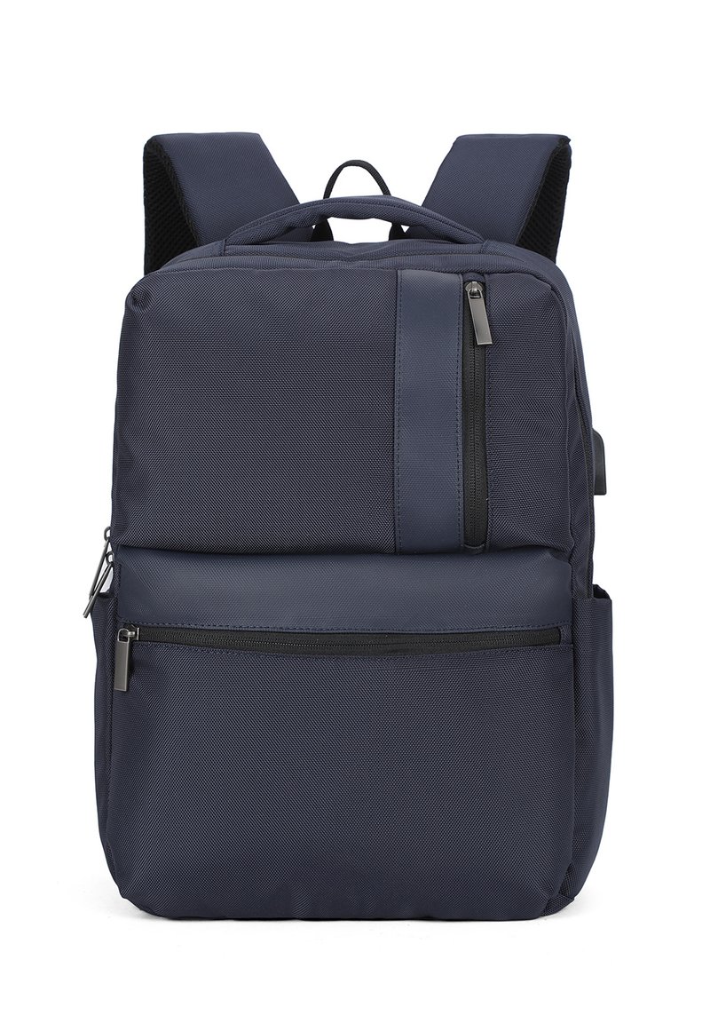 Zaino blu navy con numerosi scomparti con zip, spallacci imbottiti e manico superiore per il trasporto, mostrato su uno sfondo bianco.