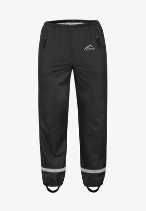 Wasserfeste schwarze Outdoor-Hosen mit elastischem Bund, reflektierenden Streifen an den Knöcheln und dezentem Logo auf der Vorderseite, designed für Outdoor-Aktivitäten.
