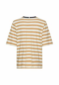 Stribet t-shirt i creme og lys brun, korte ærmer, boxy pasform, blødt stof, med en marineblå udskæring ved halsen og en nøglehulåbning på ryggen.
