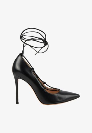 Chaussure à talon haut noire à bout pointu avec lacets enroulés autour de la cheville et talon aiguille fin, vue de profil sur fond blanc.