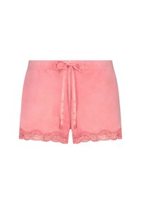 Roze satijnen shorts met een tailleband met trekkoord, voorzien van een geschulpte kanten zoom en een gladde textuur. Ontworpen voor comfort en een gemakkelijke draagervaring.