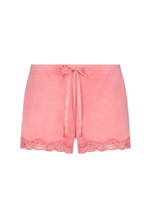Roze satijnen shorts met een tailleband met trekkoord, voorzien van een geschulpte kanten zoom en een gladde textuur. Ontworpen voor comfort en een gemakkelijke draagervaring.
