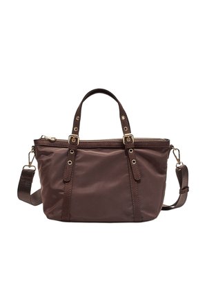 Brown nylon handbag with dual top handles, detachable shoulder strap, gold-tone hardware, zipper closure, and decorative stitching detail.