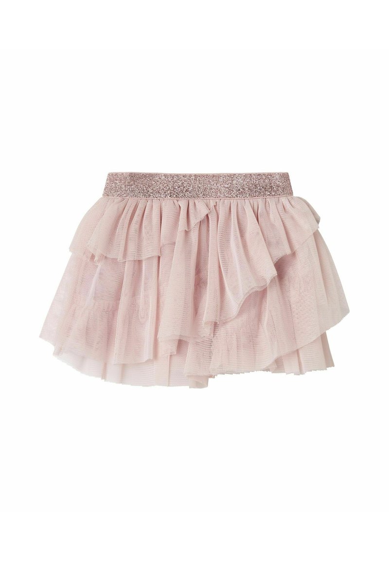 Jupe froncée rose clair faite de tulle superposé avec une taille élastiquée pailletée, présentant une texture douce et translucide ainsi qu'un design à volants.