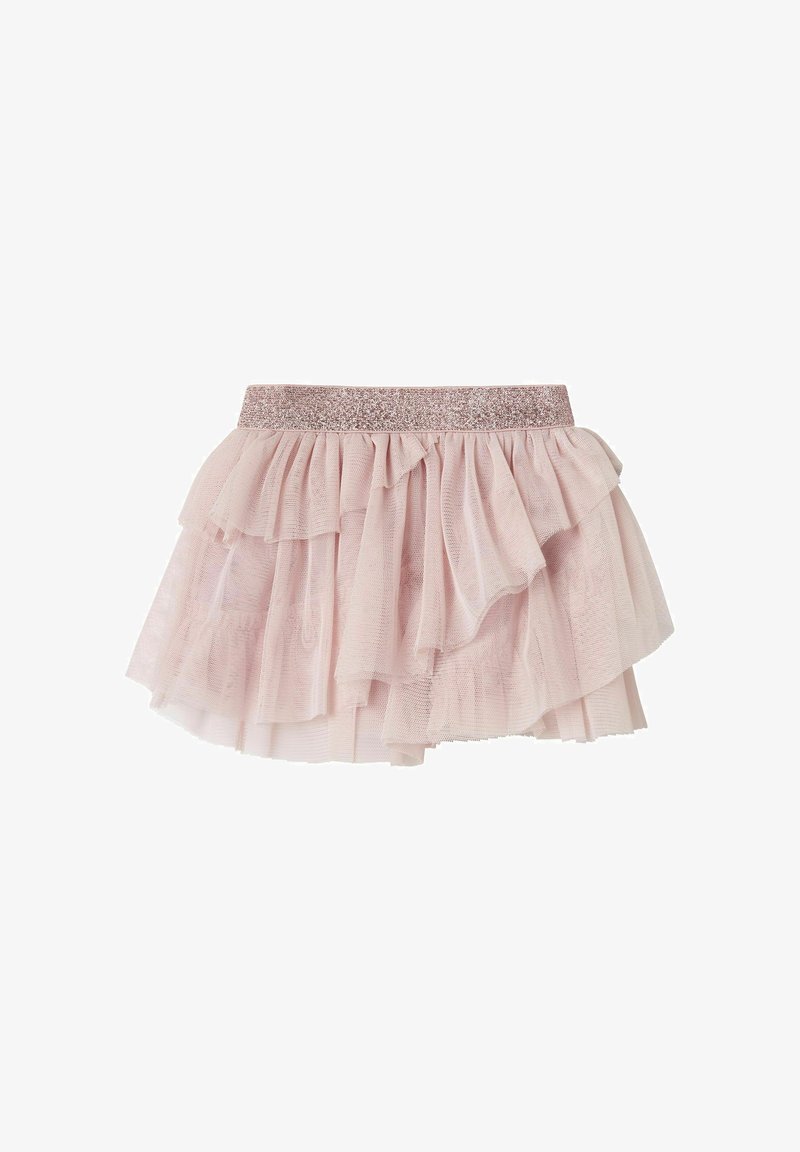 Jupe froncée rose clair faite de tulle superposé avec une taille élastiquée pailletée, présentant une texture douce et translucide ainsi qu'un design à volants.