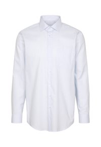 Camicia button-up a righe blu chiaro e bianche con maniche lunghe, colletto classico e una sola tasca sul petto. Realizzata in un tessuto liscio.