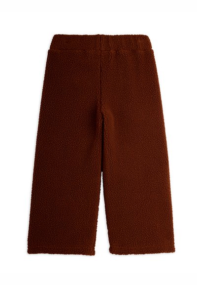 Calças de lã castanhas com uma textura suave, design de perna larga e cintura elástica. Apresenta uma cor sólida sem padrões ou elementos metálicos visíveis.