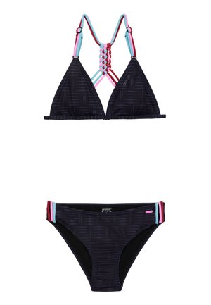 Zwarte driehoekige bikini-top met gestructureerde textuur en meerkleurige banden; de bijpassende achterkant heeft zijkanten met accenten in roze, blauw en rood.