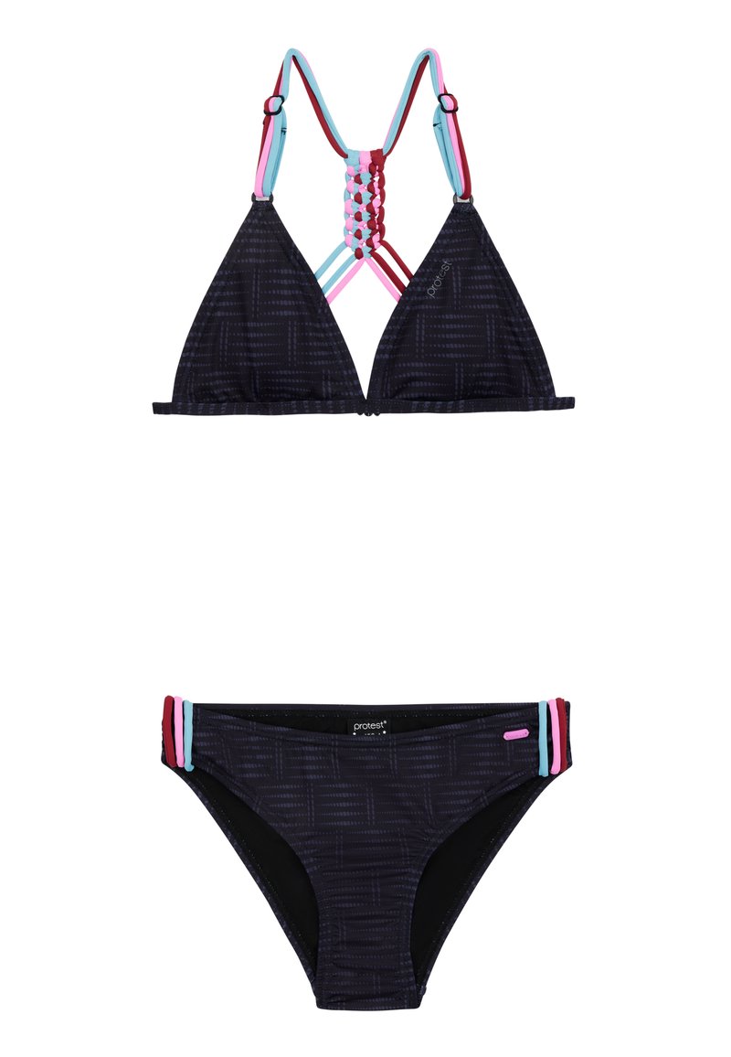 Top de bikini triangular negro con textura estampada y tirantes multicolores; la parte inferior a juego presenta detalles laterales en rosa, azul y rojo.