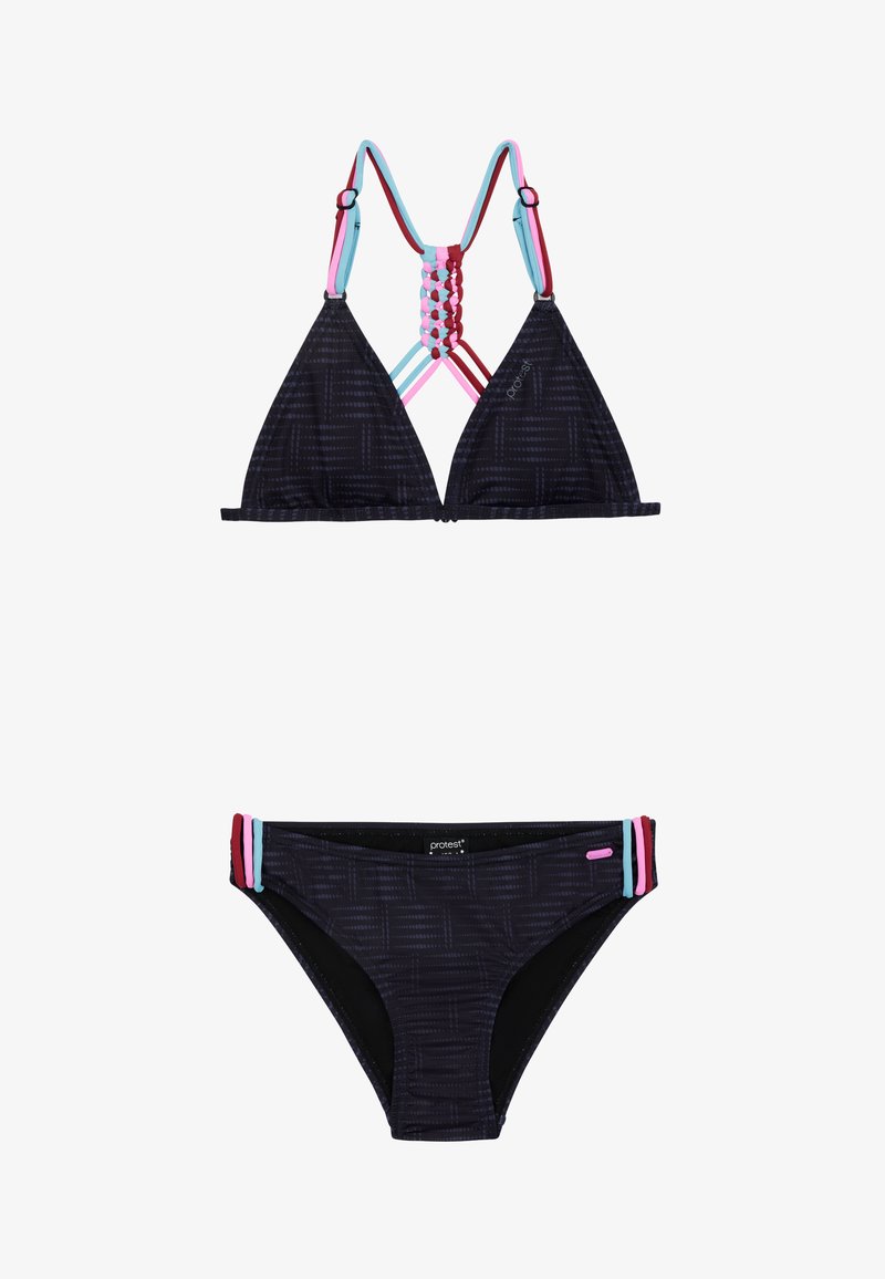 Top de bikini triangular negro con textura estampada y tirantes multicolores; la parte inferior a juego presenta detalles laterales en rosa, azul y rojo.