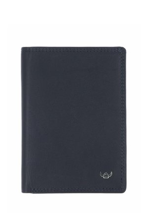 Portefeuille en cuir noir bi-pli avec coutures visibles et un petit logo argenté à cornes en bas à droite.