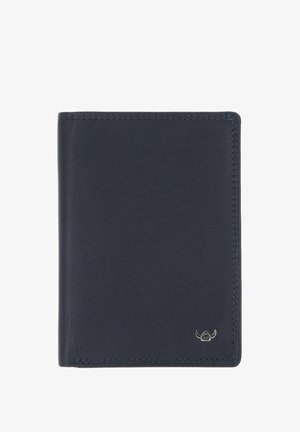 Portefeuille en cuir noir bi-pli avec coutures visibles et un petit logo argenté à cornes en bas à droite.