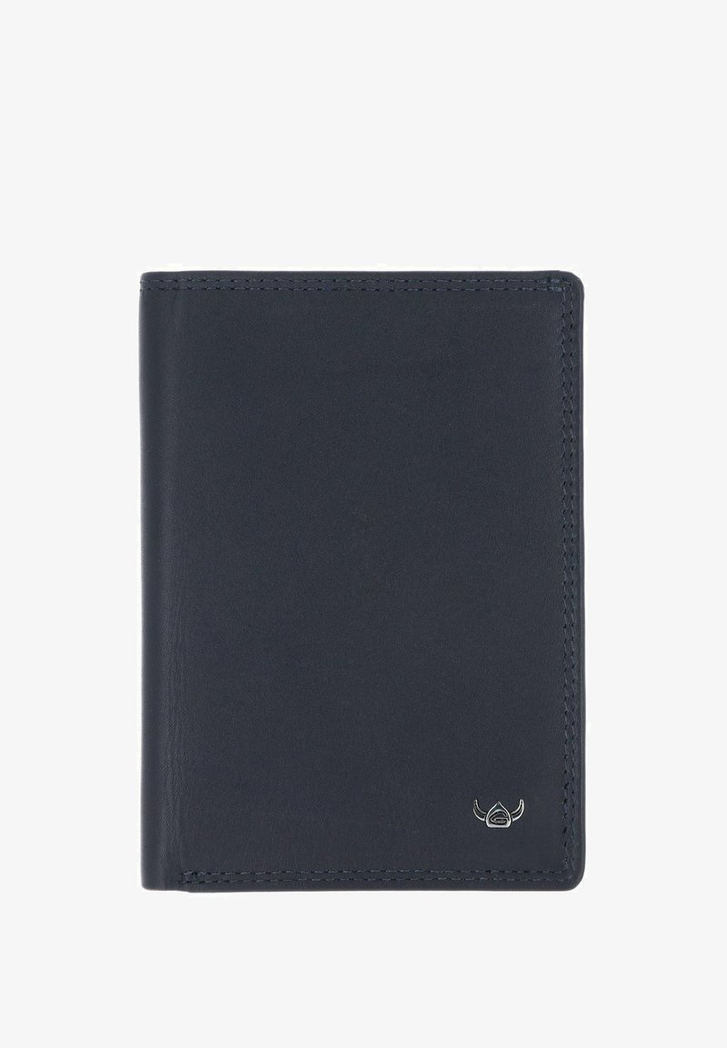 Portefeuille en cuir noir bi-pli avec coutures visibles et un petit logo argenté à cornes en bas à droite.