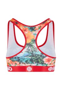 Blomstermønstret sports-bh med rød kant og talje, der har et livligt tropisk design med racerback-snit og blød tekstur.