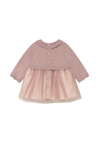 Vestitino rosa per neonata lavorato a maglia con maniche lunghe, chiusura a bottoni sul retro, colletto e polsini smerlati, e sovrapposizione di tulle a pois trasparente sulla gonna.