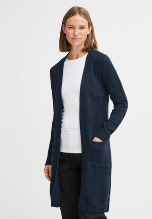 Cardigan lavorato a maglia blu navy con apertura frontale, maniche lunghe, polsini a coste e tasche frontali, realizzato in tessuto testurizzato.
